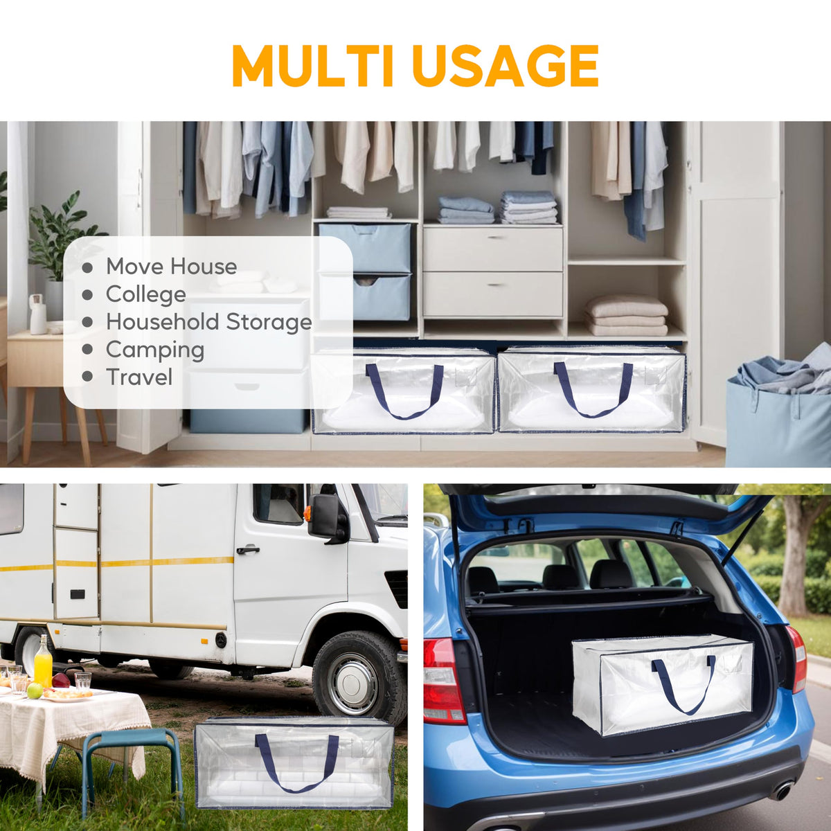 HealSmart 6 Pack Extra Large Moving Bags with Zippers & Carrying Handles, Heavy-Duty Storage Tote Moving Boxes for Dorm Room Essentials Storage Bags, Clear