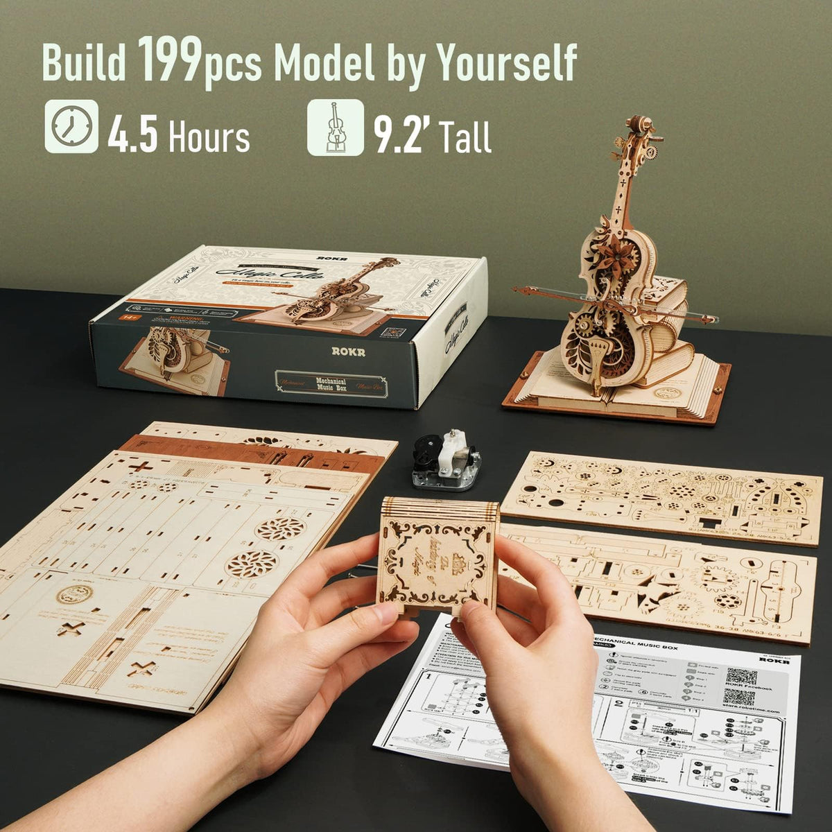 ROKR 3D Puzzles for Adults 1:5 Scale Cello Model Kit with Base 199pcs Wooden Music Box Building Kit Desk Gift for Men Women Hobby for Adults