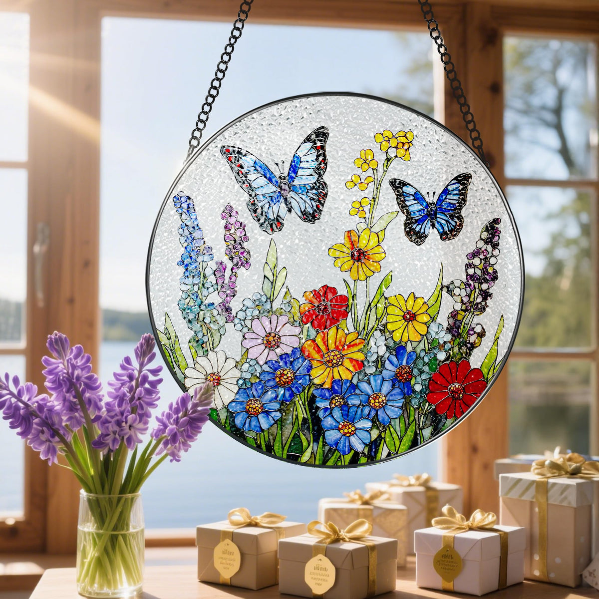 Stained Glass Window Hanging, 8 Inch Stained Glass Suncatcher Ornament, Suncatchers for Windows Hanging, Window Decor, Gift for Mothers Day, Butterfly Lover Gifts, Flower Lover Gifts