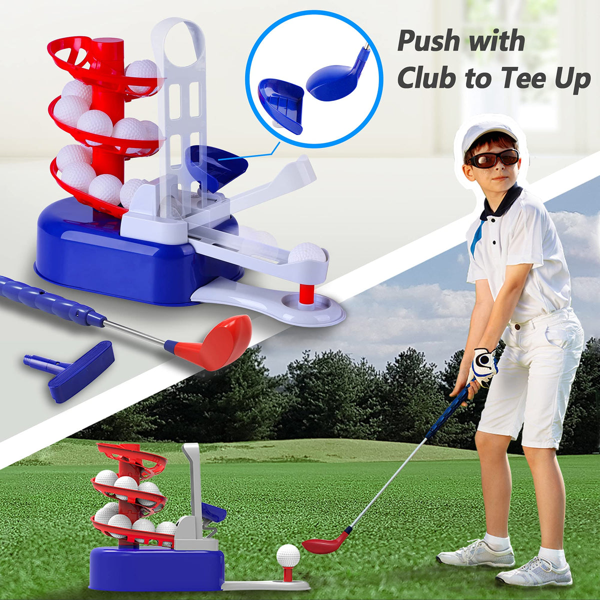 iPlay, iLearn Kids Blue Golf Toy Set W/Left & Right Club Head, Boy Outdoor Sport Toy Age 3-5, Toddler Indoor Golf Ball Game, Child Active Exercise Yard Play, Birthday Gifts for 4 6 7 8 Year Olds Girl