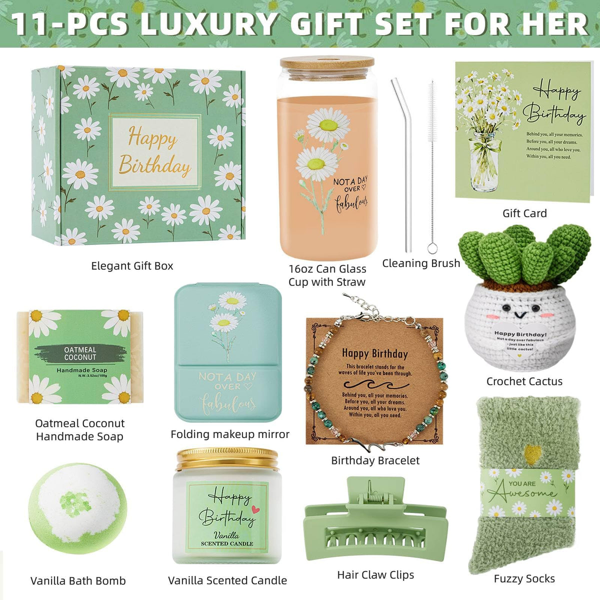 Uongeod Birthday Gifts for Women,Happy Birthday Gifts for Women 11PCS Birthday Basket for Women Green Best Friend Birthday Gifts Baskets for Women Mon Wife Daughter Aunt Sister Coworkers
