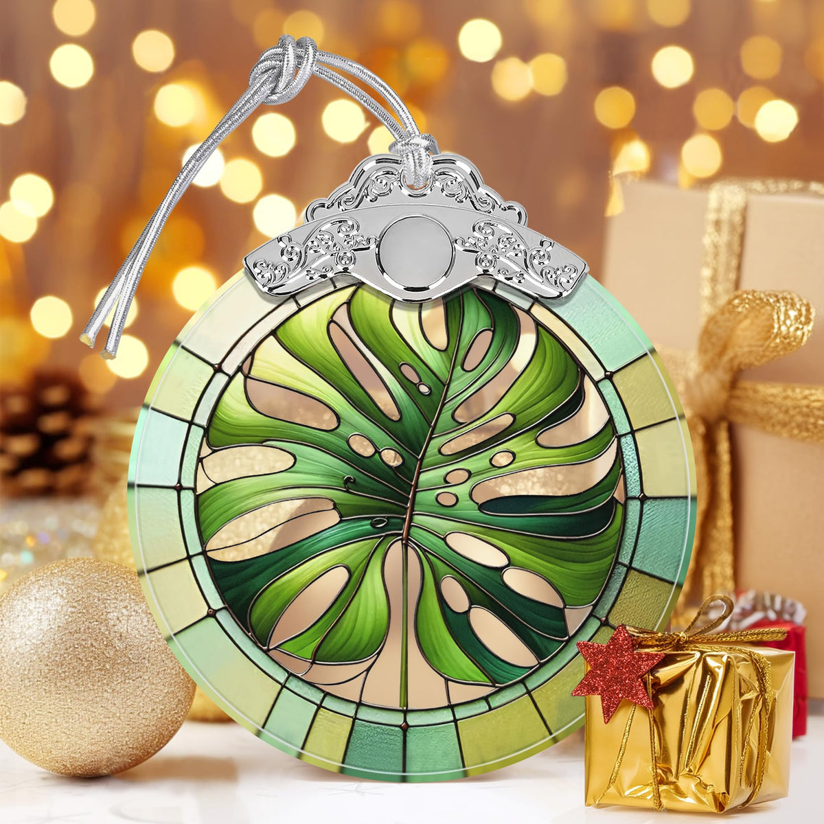 Monstera Leaf Stained Glass Ornament - Christmas Tree Decorations, Holiday Presents, Gift Exchange Ideas