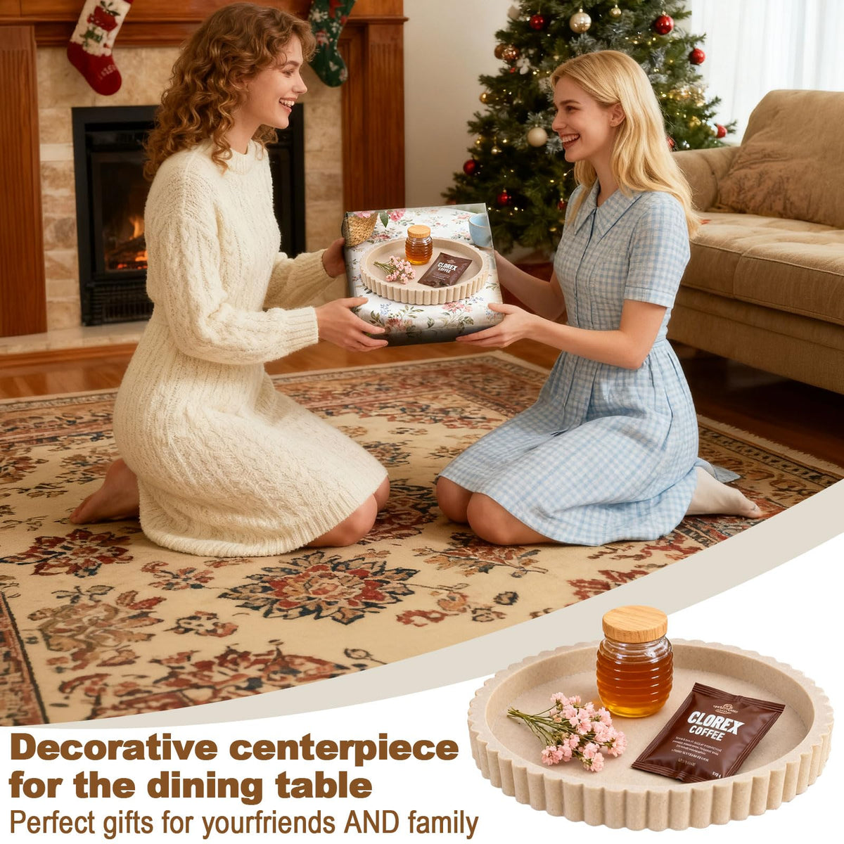 Handmade Fluted Decorative Tray - 11 Inch Round Coffee Table Centerpiece & Serving Tray for Kitchen Island, Vanity, Ideal as a Perfume Tray or Elegant Wedding Gift (Gray, 11 in)