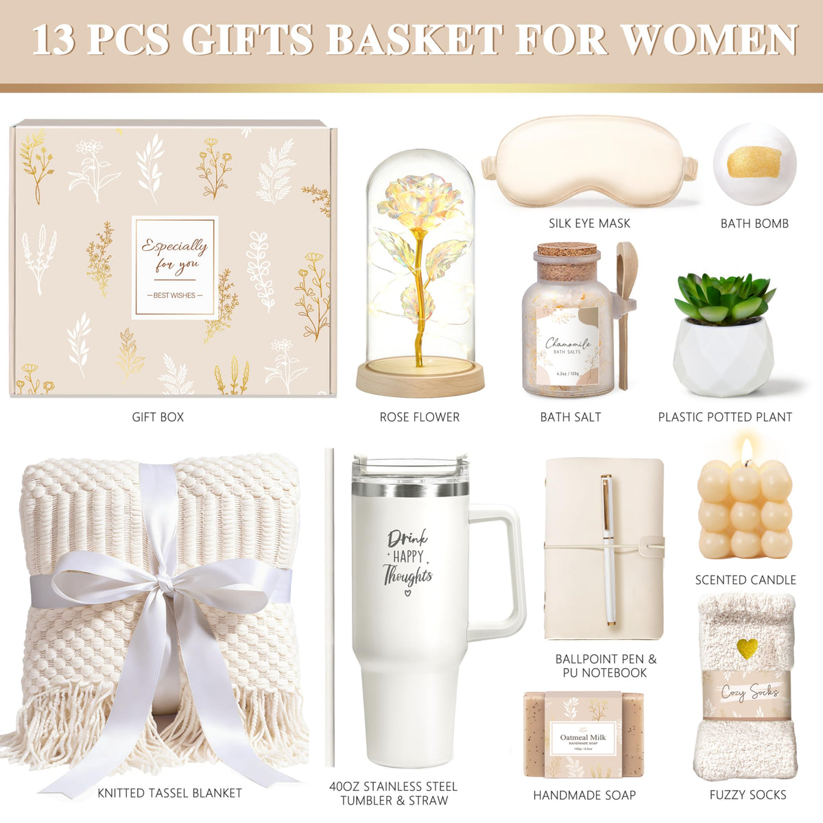 Birthday Gifts for Women, Get Well Soon Gifts Self Care Package Spa Gift Baskets Happy Birthday set w/ 40oz Tumbler with Handle & Blanket Thinking of You Mothers Day for Mom Her Best Friend Sister