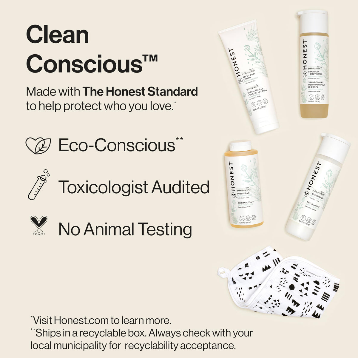 The Honest Company Fragrance-Free Bathtime Gift Set, Hypoallergenic, Bath Essentials for Sensitive Skin, Shampoo and Body Wash, Face Lotion, Bubble Bath, Conditioner, Wash Cloth