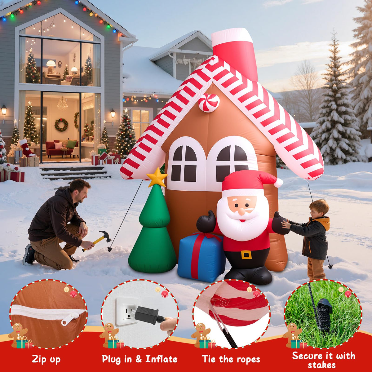 7 FT Christmas Inflatable Candy House with Santa Claus, Tree & Gift Box, Built-in LED Lights, Outdoor Blow Up Yard Decoration for Holiday Lawn Garden Party
