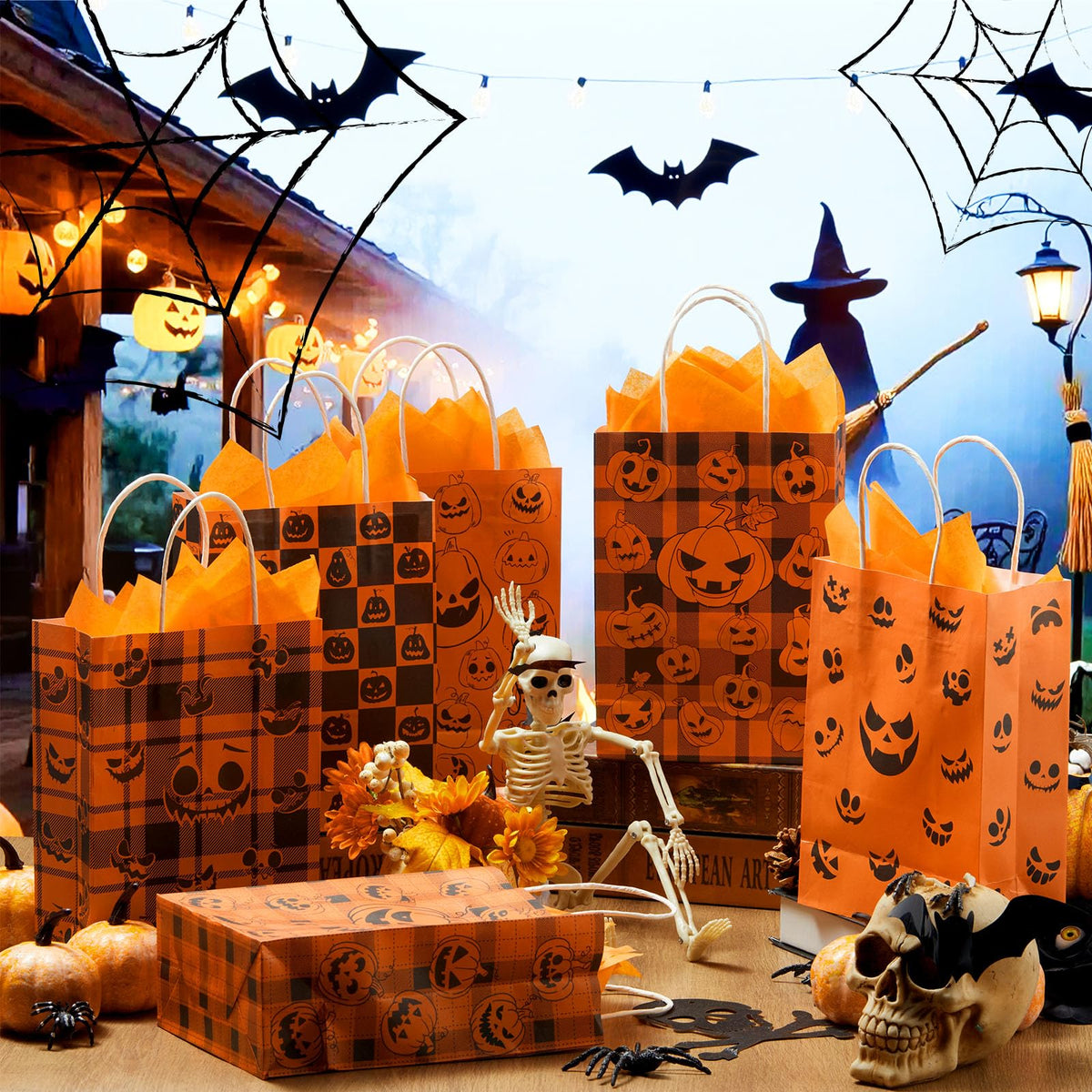 Kolldenn 24 Pcs Halloween Paper Gift Bags with Tissue Paper Pumpkin Goodie Treat Bags with Handles Wrapping Candy Party Favors Bag for Celebration Supplies Decorations