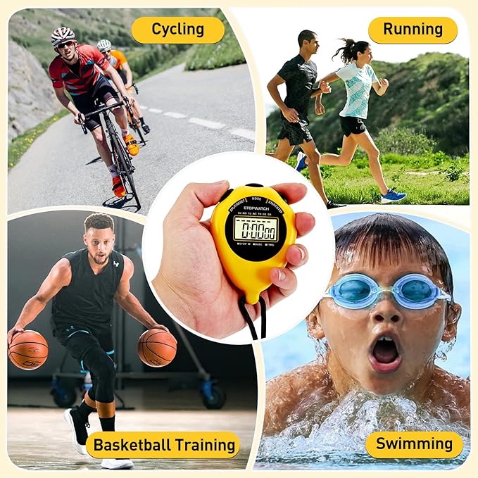 Stopwatch Sport Timer, 2 Pack Large Display Digital Stopwatch Timer with Date Time, No Alarm Silent Easy to Set Stopwatches for Sports, Coaches, Kids, Swimming and Running (Yellow)