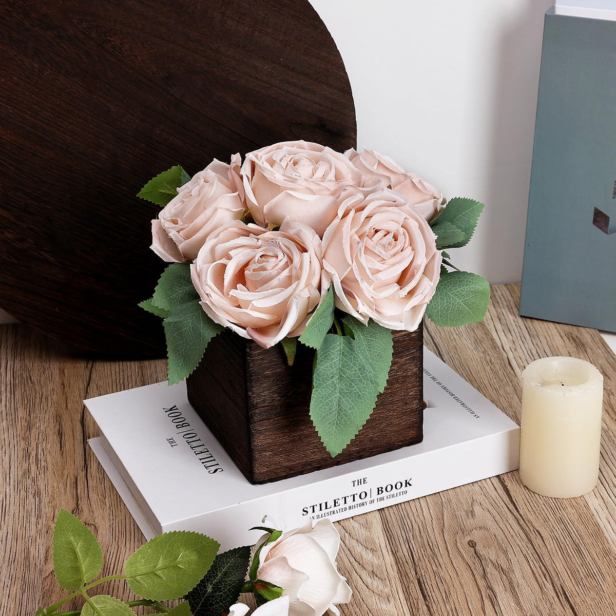 DIYDOFUN Dining Table Centerpiece Set of 6 - Pre-Made Aritifial Rose with Wooden Vase Fake Floral Arrangment Faux Flower for Wedding Bridal Tea Party Event Decorations - Boho