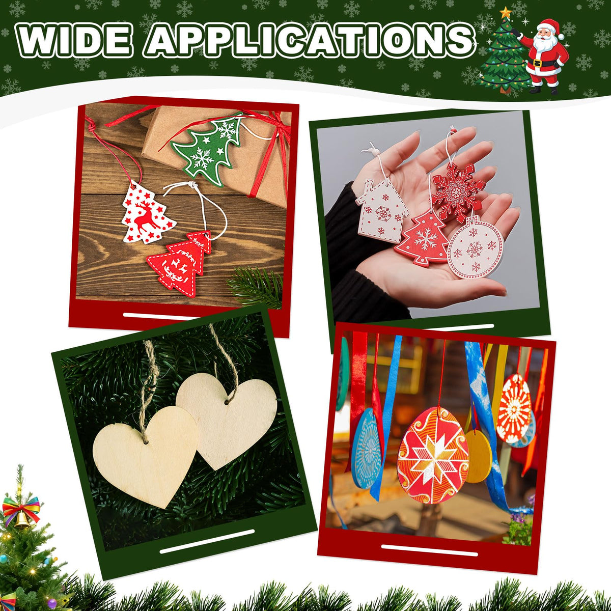 MECCANIXITY 24Pcs Wooden Christmas Tree Ornaments to Paint, 4" x 4" DIY Blank Unfinished Wood Homemade Ornament with Rope for Art Crafts DIY Thanksgiving Halloween Birthday Gifts