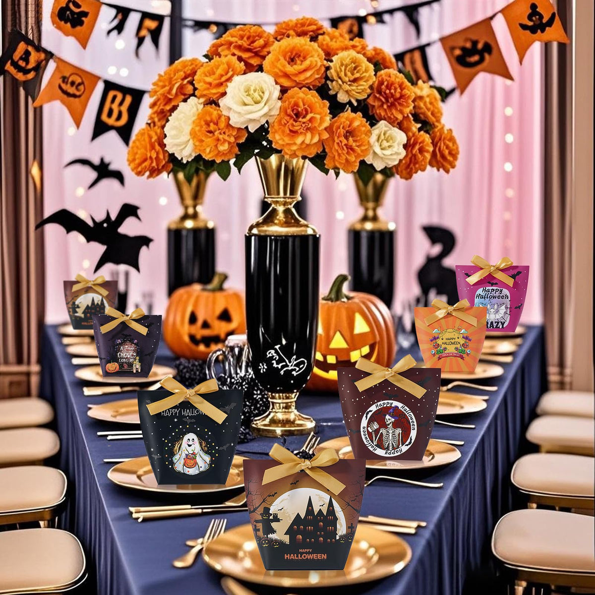 SLShePack 48 Set Halloween Treat Boxes with Ribbons,6 Patterns Gift Bags for Coworkers Decorations Boxes Party Favors Boxes