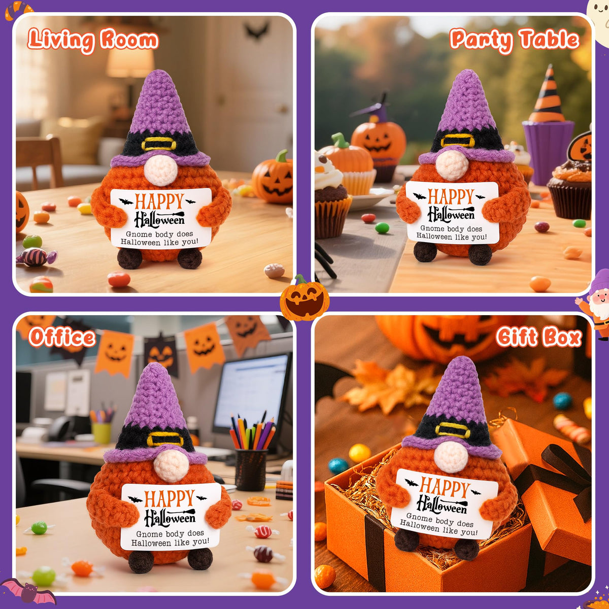 BVXFR Mini Halloween Gnome Witch Hat Boo Basket Stuffers Gifts for Women Men Spooky Halloween Decorations Indoor Gifts for Teen Girl Boy Kid Friend, Handmade Crochet Gnome Pumpkin Decor