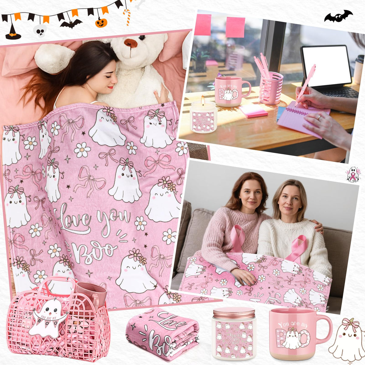Roshtia 1 Set 7pcs Valentines You're My Boo Basket Gifts for Girlfriend You're My Boo Pink Ghost Handbag Throw Blanket Coffee Mug Candle Jar Spiral Journal Pen Card(Halloween)