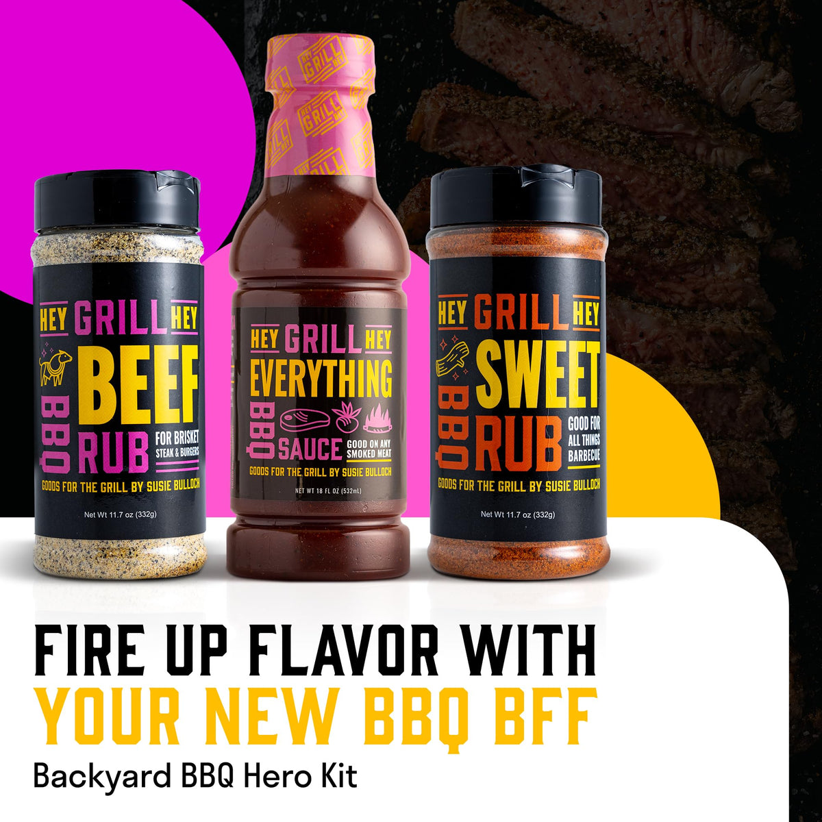 Hey Grill Hey | BBQ Seasoning and Barbeque Sauce Gift Set | Seasoning Set | Beef Rub, Sweet Rub, Everything Barbecue Sauce | Backyard BBQ Hero Trio