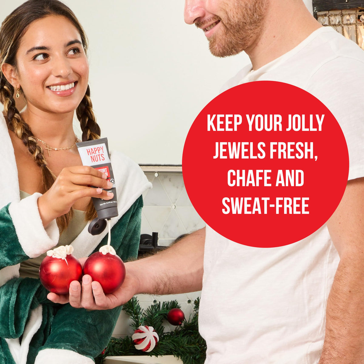 Happy Nuts Holiday Anti Chafing Deodorant Festive Essentials Bundle Kit - Perfect Men's Gift for Christmas - Includes Anti Chafing Comfort Cream Deodorant, Chafe Stick & Cheeky Ornament