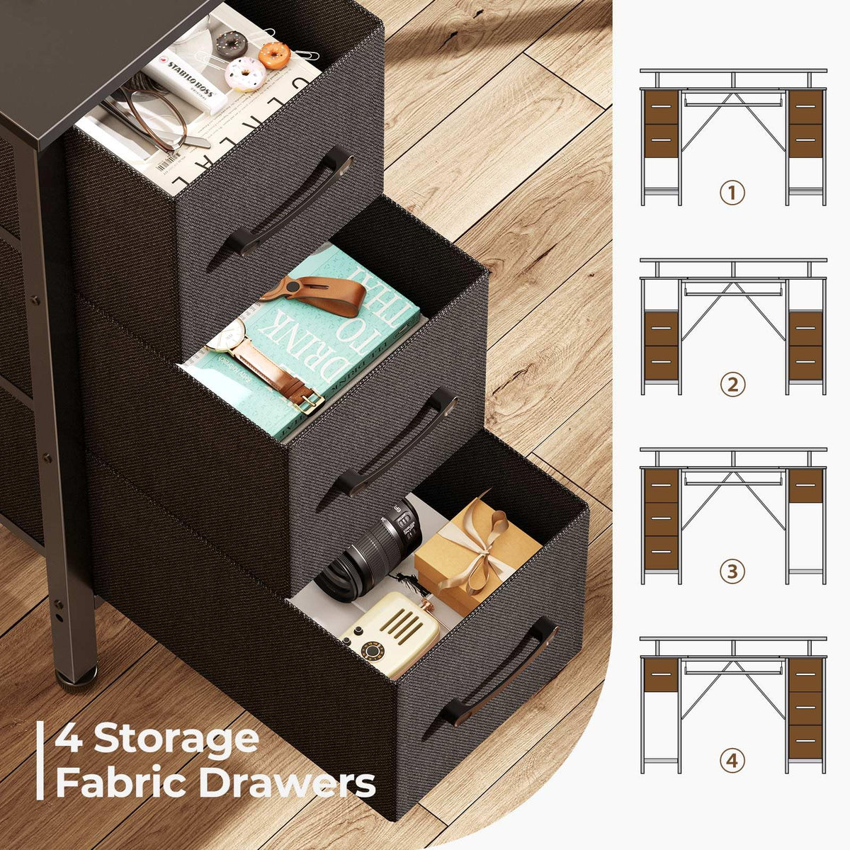 Seventable Computer Desk 55.1" with LED Lights & Power Outlets, Home Office Desk with 4 Drawers, Writing Desk with Keyboard Tray, Study De sk with Monitor Stand, Work for Home Office, Black