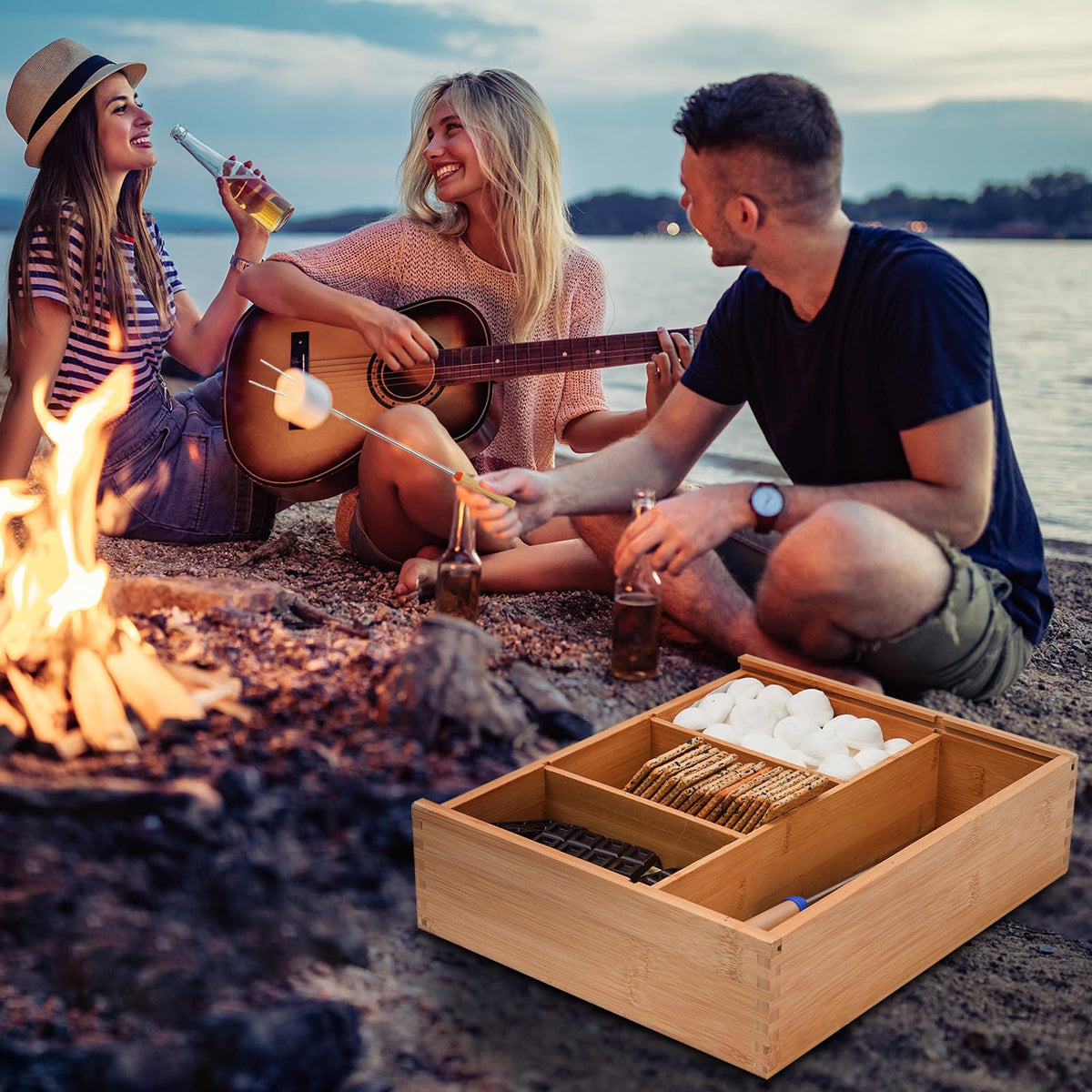 Smores Kits,Bamboo Smores Box with a Lid,Smores Caddy with 6Pcs Extendable Marshmallow Roasting Sticks,Exquisite Smores Kit for Fire Pit Outdoor - Perfect for Outdoor Parties, Entertaining, Camping