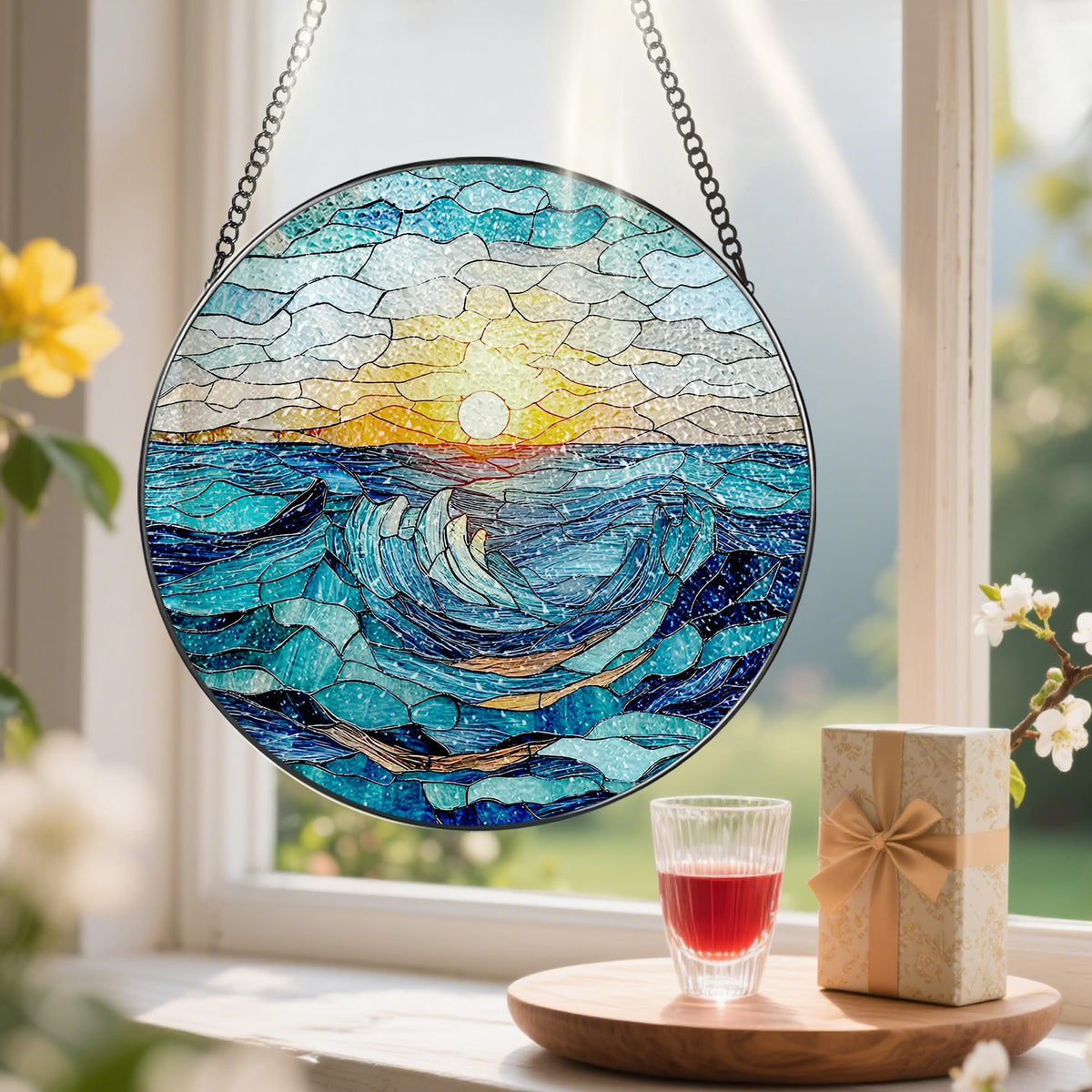Stained Glass Window Hanging, Pauyadu 8 Inch Beach Stained Glass Suncatcher, Window Decoration Hanging, Sunrise Lover Gift, Natural Gift, Beach Home Decor, Gifts for Family, Friends, Colleagues