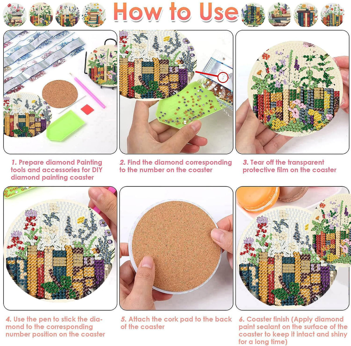 ijbnhd 8 Pcs Diamond Art Coasters Kits, Books Diamond Painting Coasters Kit with Holder, Diamonds Art Non Slip Coaster Crafts Kits for Adults Gifts 4x4 inch (Cork Wooden Pad)