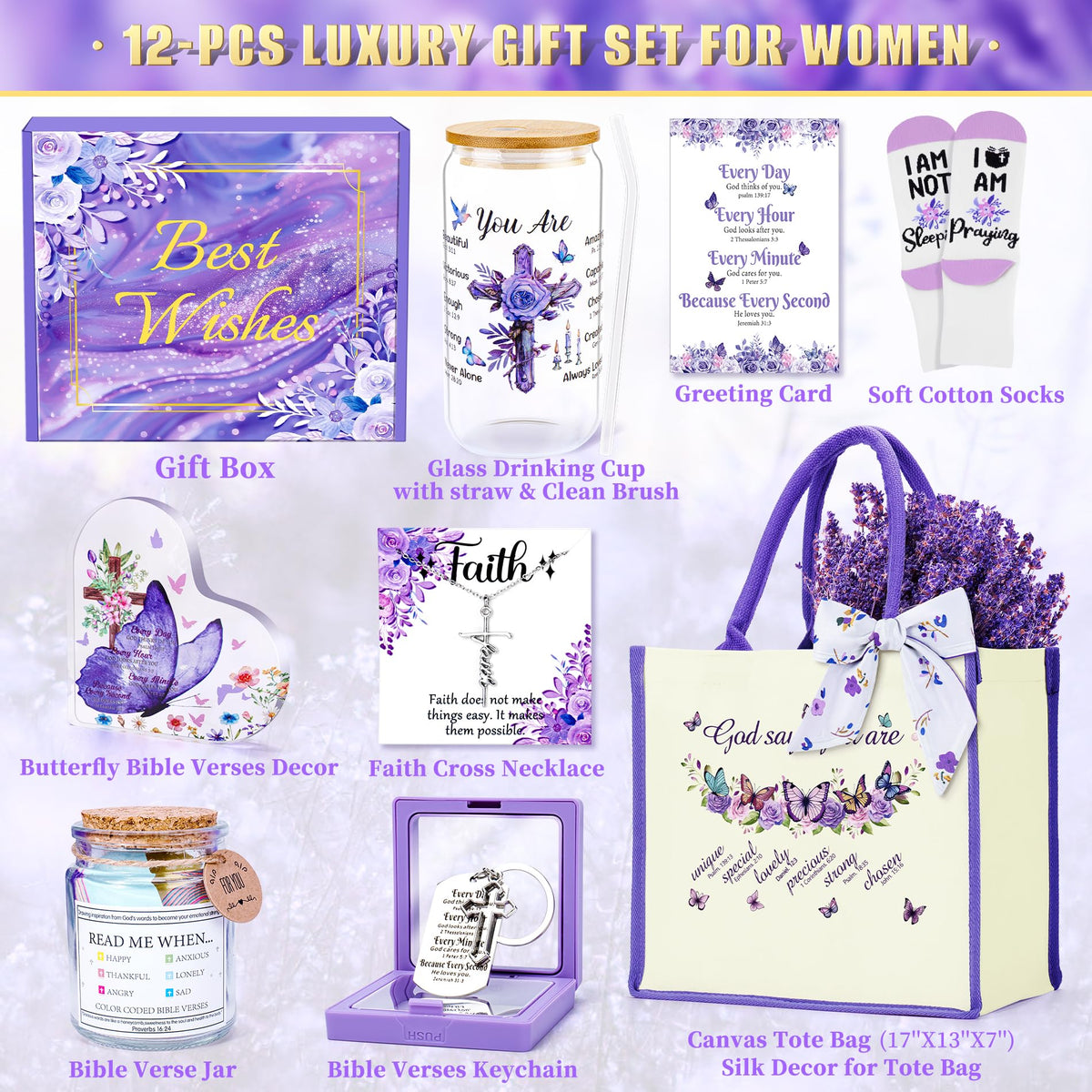 13PCS Christian Gifts for Women Faith,Self Care Package Get Well Soon,Lavender Relaxing Spa Care Package Mothers Day Baskets for Her Mom Friend Sister Wife Valentine's Day Gift, Birthday Gifts