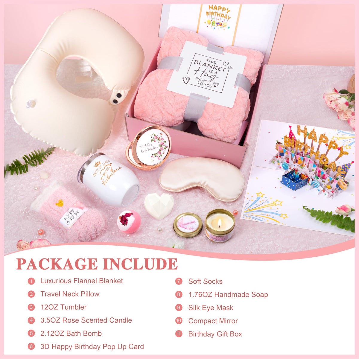 HSOEIXL Birthday Gifts for Women, Unique Spa Birthday Gift Basket with Blanket for Women - Happy Birthday Gifts for Her, Mom, Sister, Teacher, Girlfriend, Coworker, Wife, Bestie, BFF