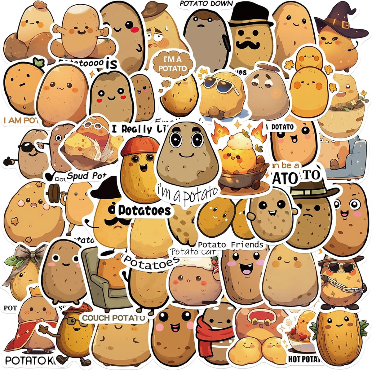 WASHBO 50Pcs Potato Stickers Funny Cartoon Potato Vinyl/PVC Decals for Kids Boys Girls, Cute Stickers for Water Bottles