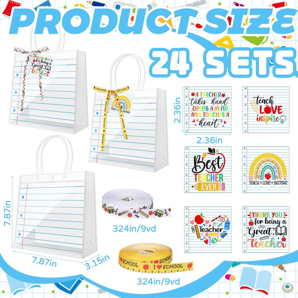 24 Sets Teacher Appreciation Gifts Bags Notebook Line Clear PVC Bags with Handle Thank You Tag Ribbon PVC Clear Candy Treat Goodies Tote Bags for Teachers' Day Classroom School Office Party Supplies