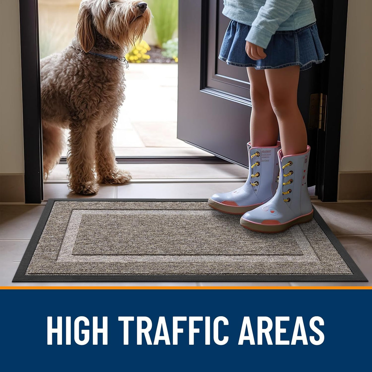 OLANLY Waterproof Front Door Mat - All-Season Natural Rubber Doormat | Easy Clean, Low Profile, 47x23, Khaki & White