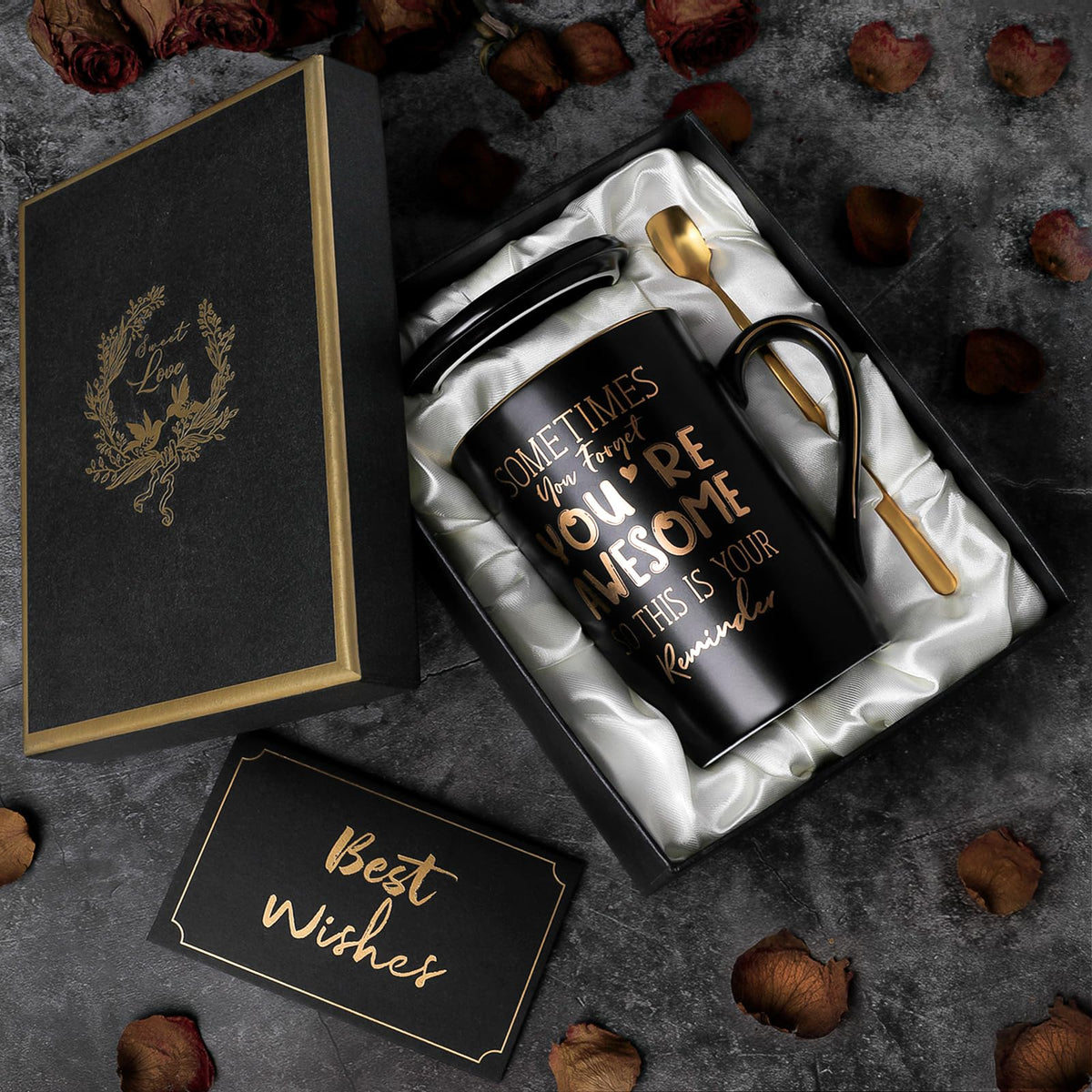 Anniversary Birthday Thank You Gifts for Men, Sometimes You Forget You're Awesome - 14oz Unique Black Ceramic Inspirational Mug with Gold Print, Funny Valentines Day Presents for Boyfriend Husband Him