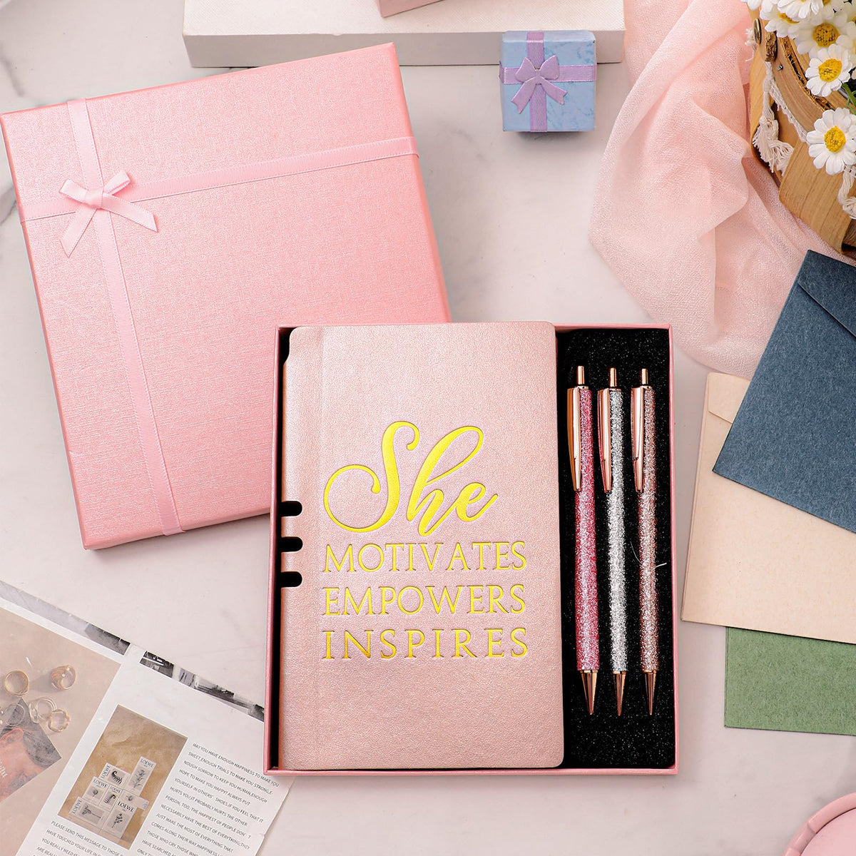 Resurhang 5 Pcs Boss Gifts for Women Set Appreciation Gifts for Coworkers Leather Journal Ballpoint Pens with Box Thank You Present for Friends Teacher Female Leader Birthday Bestie (Pink)