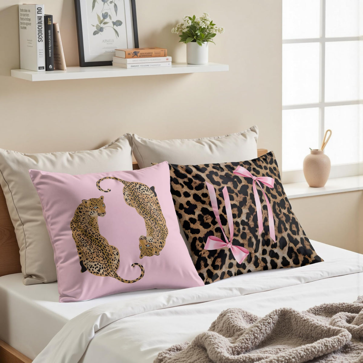 GTYNU Trendy Funky Pink Cheetah Coquette Bow Lip Pillow Covers 18x18 Set of 2,Cheetah Leopard Lover Gifts for Women,Coquette Preppy Pillow Covers for Girls Room Dorm Apartment Decor