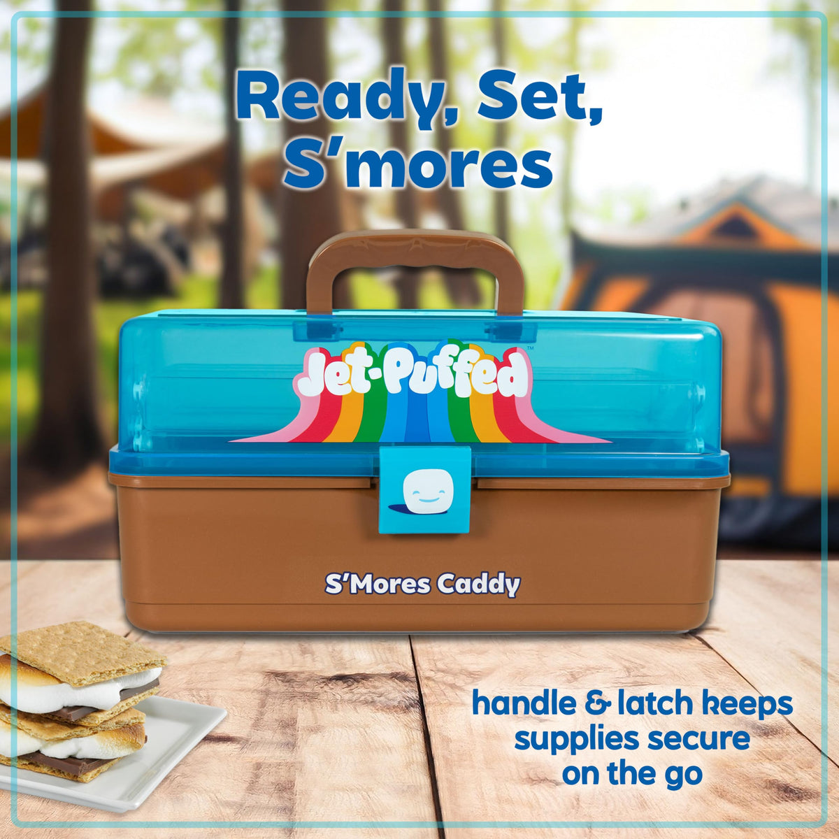 Nostalgia Jet-Puffed Lighted S’mores Caddy, Essential Marshmallow Roasting and S’mores Making Supplies for Camping, Vacation, and Backyard Bonfires, Carry Handle, Retractable Trays, and Carry Handle