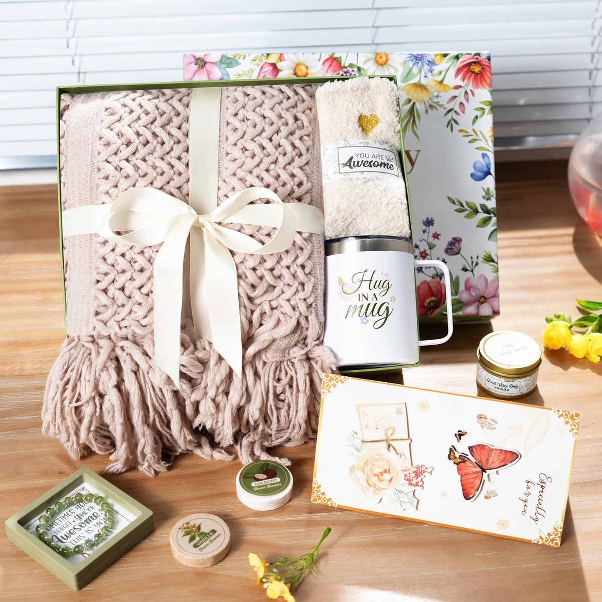 Valentines Day Gifts for Her - Spa Gift Box with Candle, Cozy Blanket, Tumbler & Bracelet - Romantic Self Care Package for Wife, Girlfriend - Birthday, Thinking of You