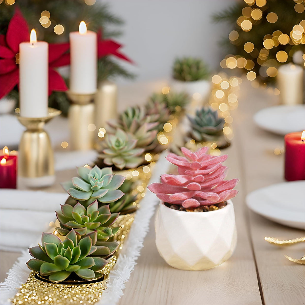 VIVERIE Mini Faux Succulents Plants Artificial in Pots-Rose Pink Desk Accessories, Small Fake Succulents Plants for Home Decor Indoor for Women, White Ceramic, Set of 4
