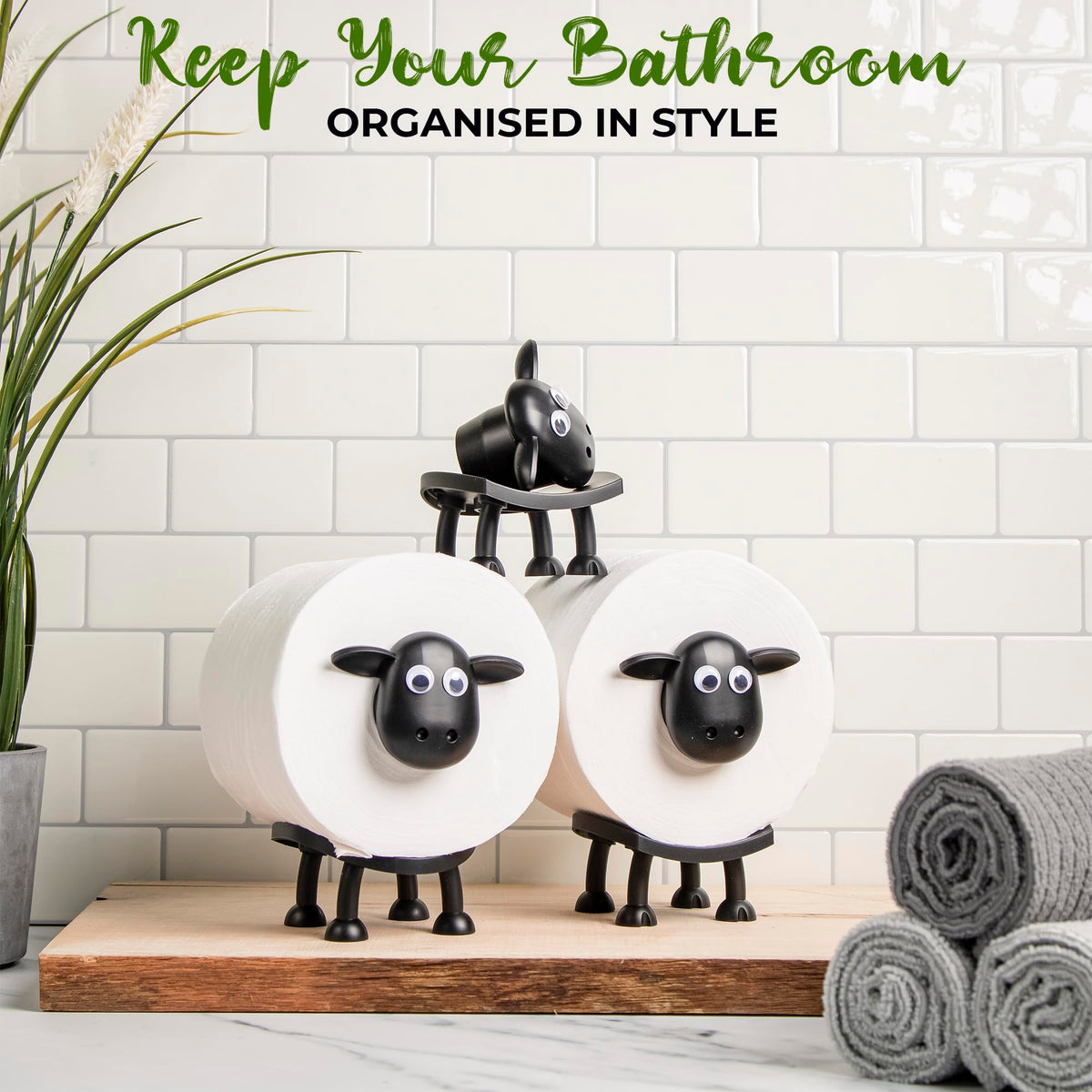 VELENTI Sheep Toilet Roll Holder, Free Standing Bathroom Set, 3D Printed, Funny Hilarious Black Sheep Loo Roll Holder, Tissue Paper Storage, Cute Bathroom Decor, X3, Set of 3
