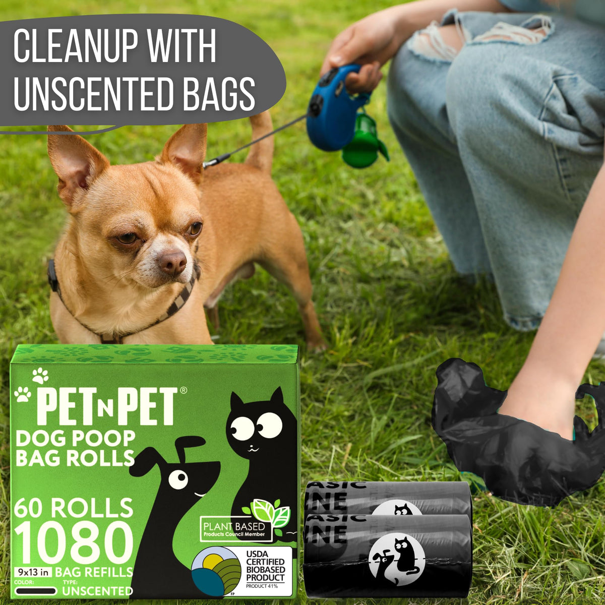Pet N Pet 1080 Counts Black Poop Bags for Dogs, 41% Plant Based & 59% PE Extra Thick Dog Poop Bags Rolls, 9" x 13", Unscented Pet Waste Bag