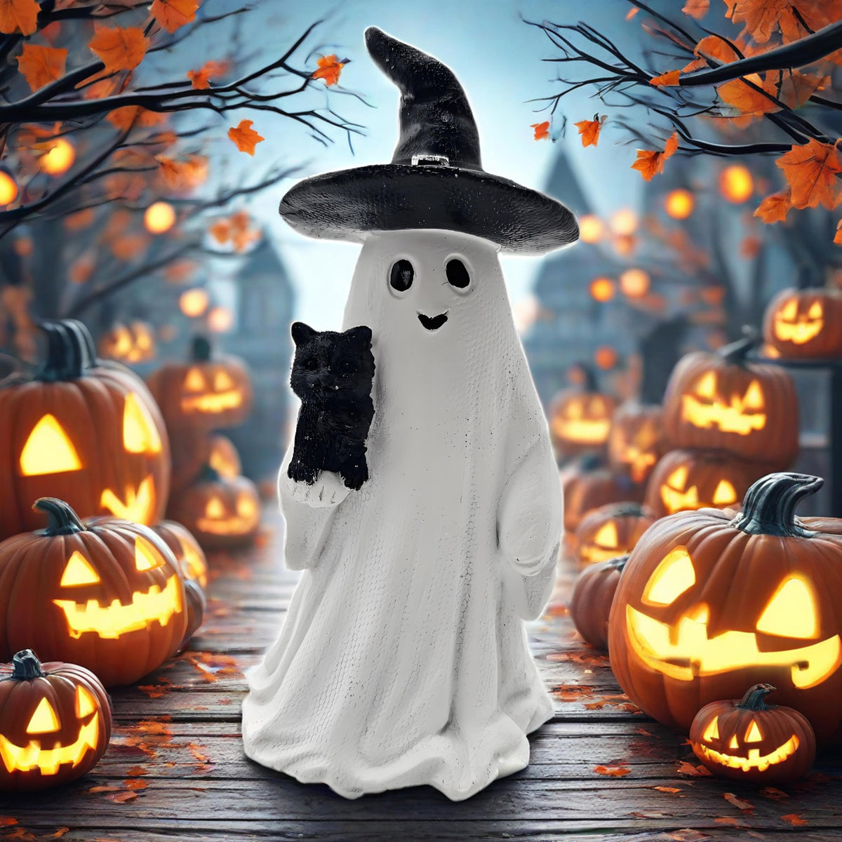 HARUHI Adorable Spooky Ghost Statue Figurine Cute Halloween Decor for Desk Shelf Home & Garden Decoration(Ghost with Cat)