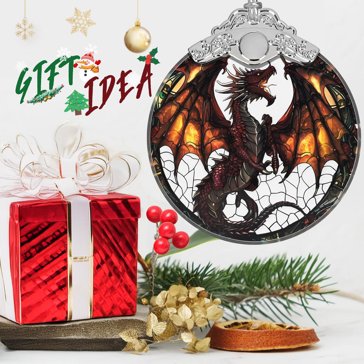 Stained Glass Flying Dragon Christmas Ornament - Holiday Home Decor - Tree Decoration - Gift Exchange Idea