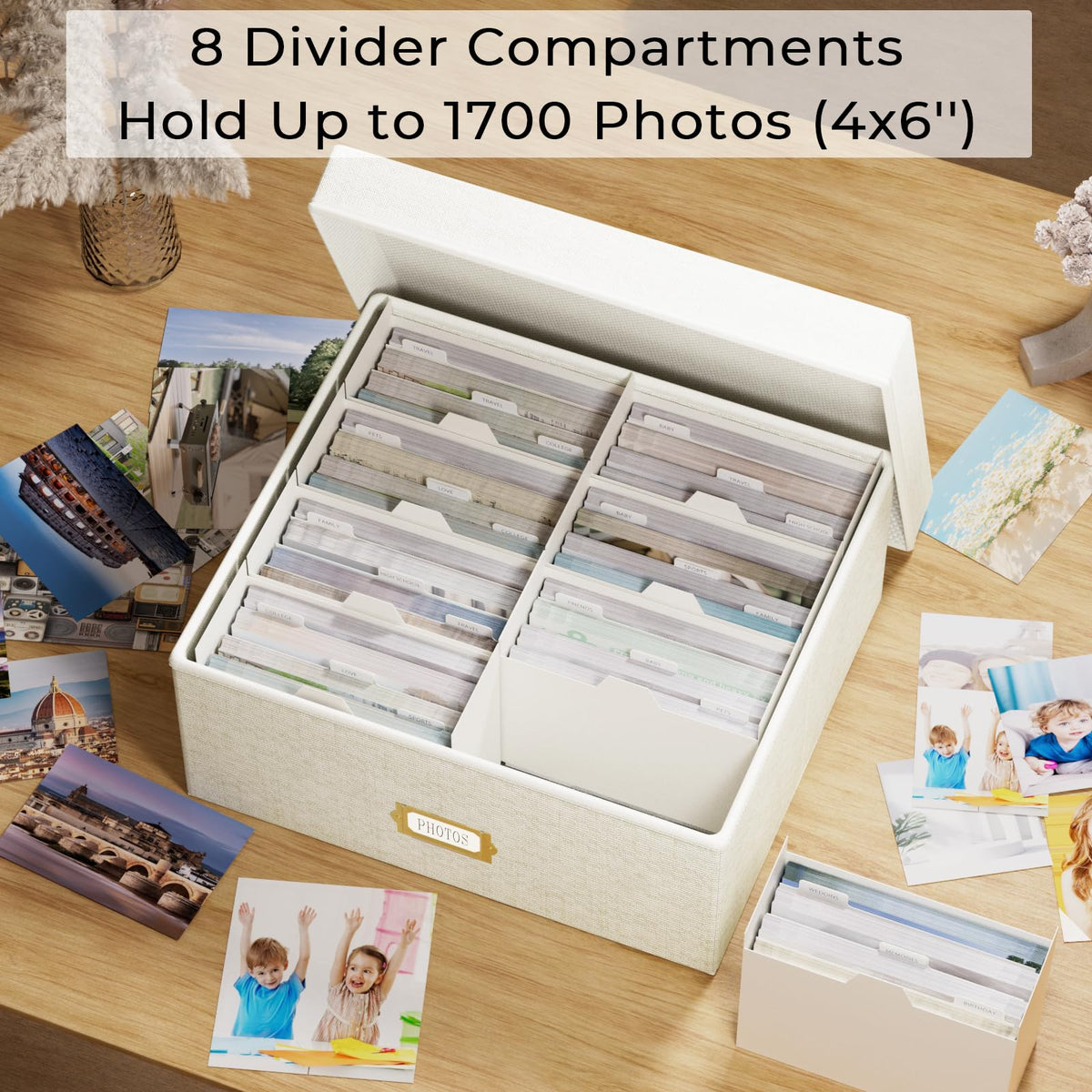 Decorative Photo Storage Box - Linen Photo Box Organizer with Dividers, Fits Holds Up to 1700 Pictures and 4x6 Photos, Memory Keepsake Organizer for Photos, Scrapbook Supplies, Cards, Stamps (Beige)