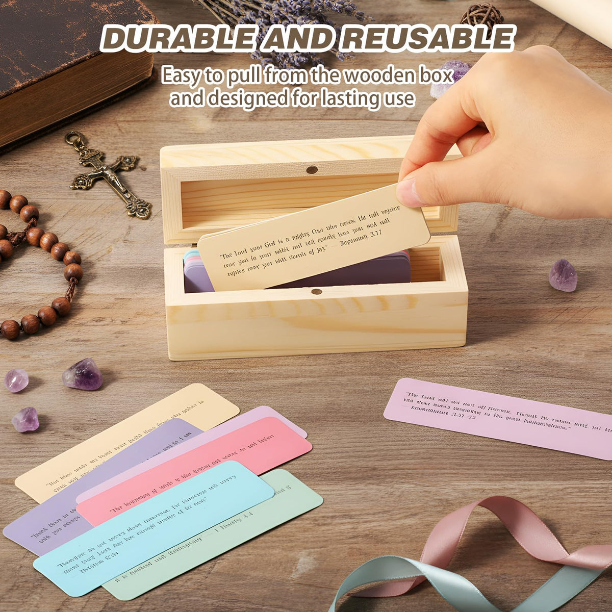 Chicmount Bible Verses Cards Box Set for Mother's Day Christian Gifts Catholic Men Women Bible Verse Jar with Prayer Cards Scripture Wooden Box for Daily Encouragement(Candy Colors)