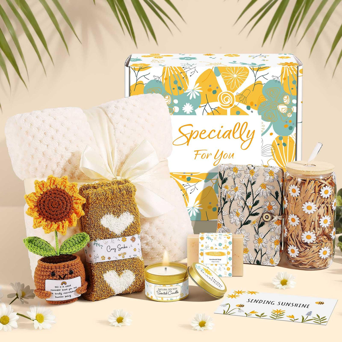 Self Care Gifts for Women Gift Baskets,Sending Sunshine Thinking of You Care Package Spa Gift Sets, Birthday Christmas Gifts for Women Best Friends Mom Sister Wife Grandma Her - Ivory