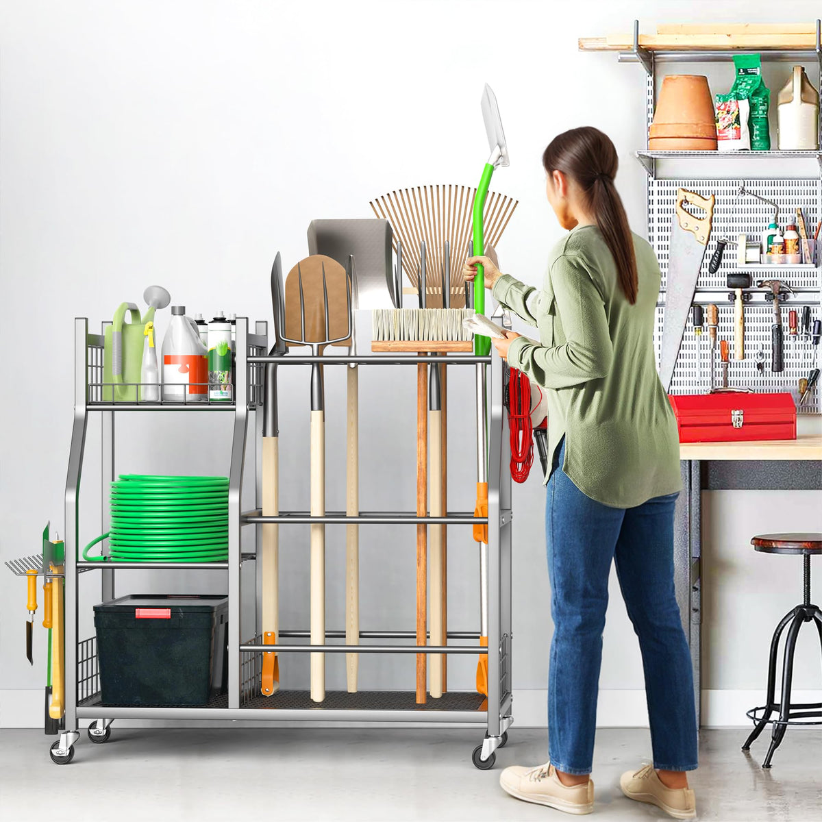 Ultrawall Garden Tool Organizer, Yard Tool Storage Rack for Garage Organization with Lockable Wheels, Garden Tool Stand for Rake, Brooms, Indoor & Outdoor Use