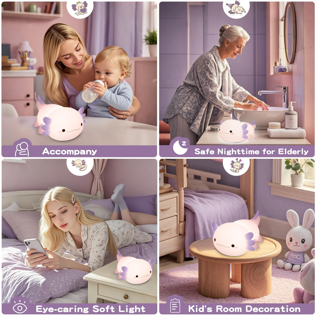 Axolotl Night Light for Kids,Cute Purple Axolotl Lamp ,LED Squishy Nursery Nightlight, Soft Silicone Novelty Animal Bedside Touch Lamp, Room Decor,Axolotl Gifts for Mom Girls Baby, Mother's Day Gift