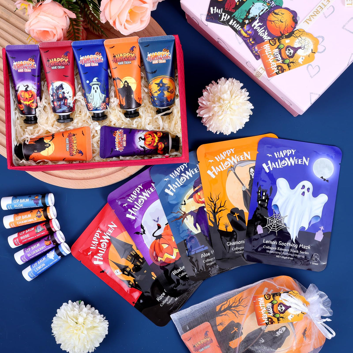 50 Pack Halloween Hand Cream, Facial Mask and Lip Balm Set, Bulk Halloween Gifts for Women, Halloween Decorations, Halloween Party Favors, Halloween Basket Stuffers and Halloween Skincare