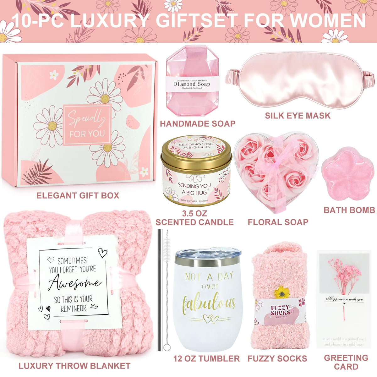 Birthday Gifts for Women, Self Care Get Well Soon Gifts Basket for Women, Flower Relaxing Spa Gift Basket Bath Set,Unique Luxury Self Care Box Gift for Mom Her Wife Sister Girlfriend, Girl Friend Pink