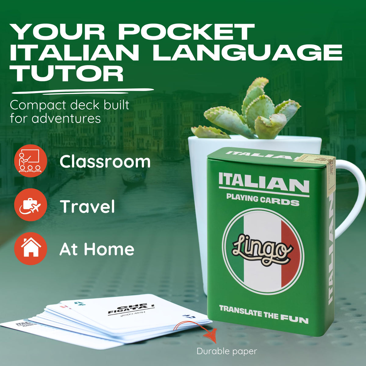 Italian Lingo Playing Cards in Wayfarer Tin Box | Travel Flashcards | Learn Italian Vocabulary in A Fun & Easy Way | 52 Essential Translations