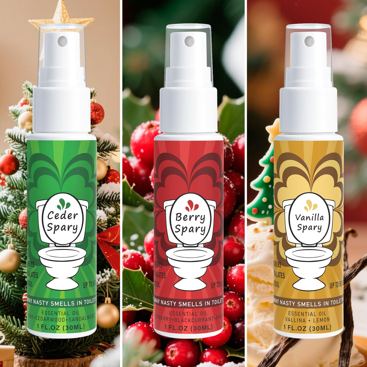 Toilet Spray for Poop 3 Pack, Travel Size Variety, Bathroom Odor Eliminator - Cedar Berry Vanilla