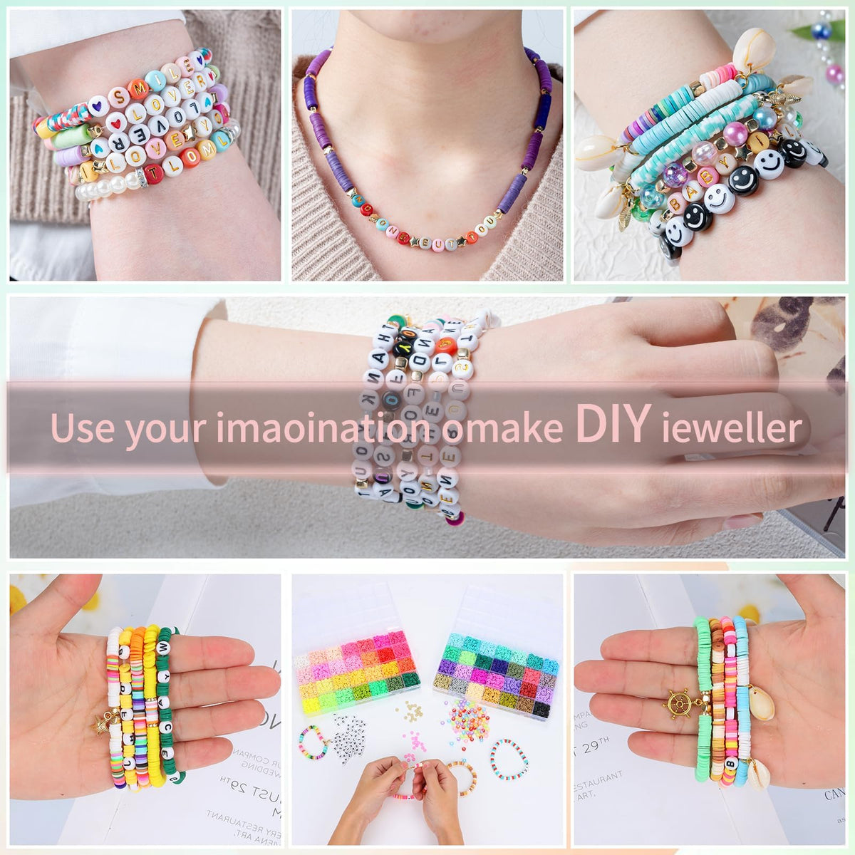 SJZWSD 6-Box Friendship Bracelet Making Kit - 16,000pcs Clay, Seed & Glass Beads Collection, Letter Beads, Charms