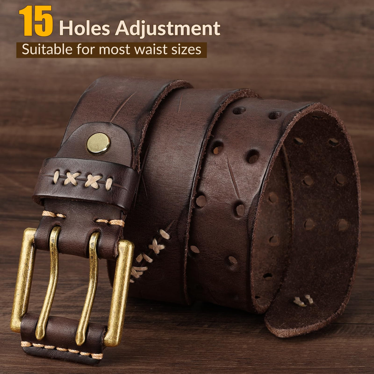 OZNDAS Real Leather Belts for Men Work Heavy Duty Double Prong Men's Belt Jeans Casual Mens Belts Leather Christmas Gifts Coffee Mens Leather Belt with Gold Buckle