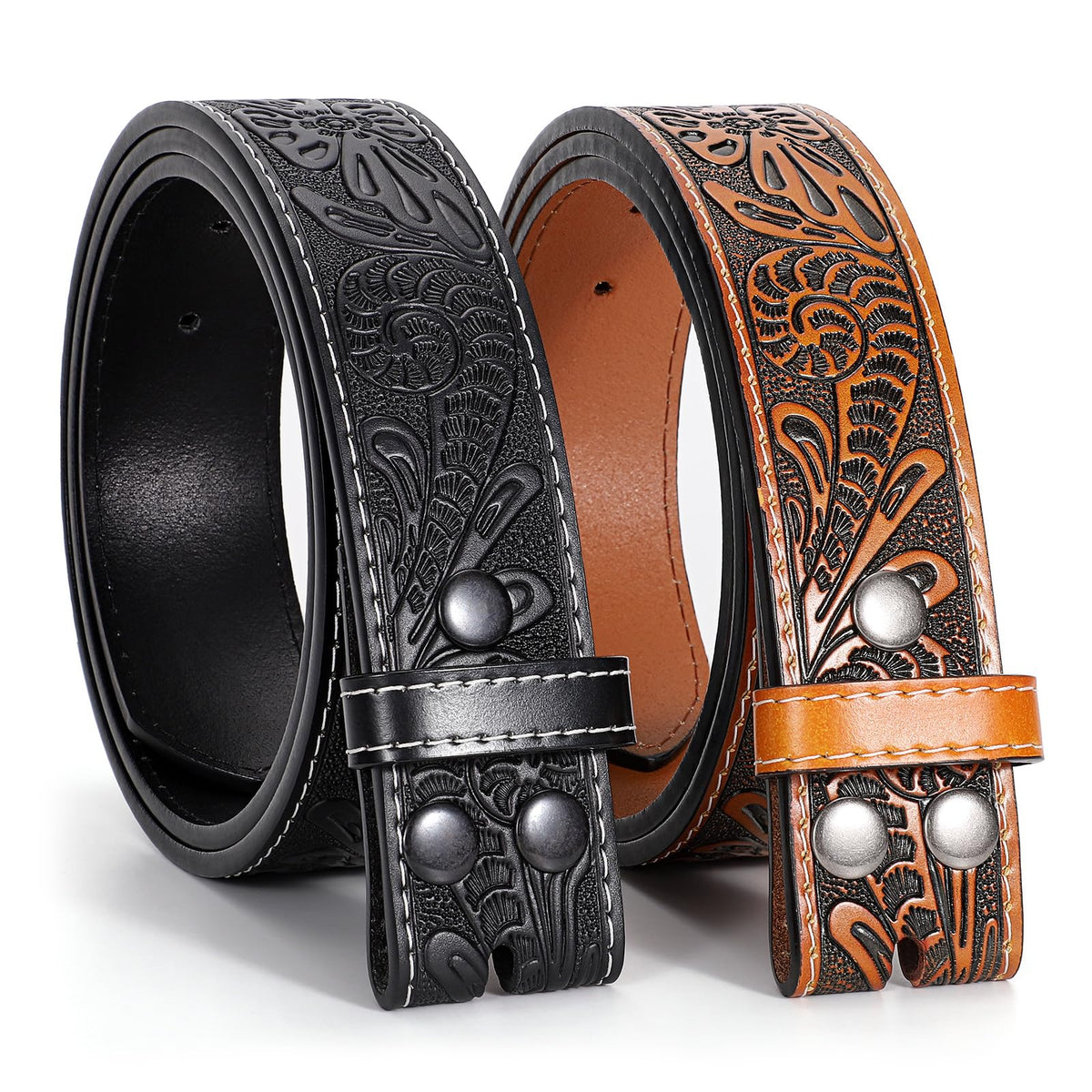 LALATCH Mens Western Cowboy Belt, 2 Pack Western Belts without Buckle for Men Woman Cowgirl Leather Jeans Belt, Brown+Black